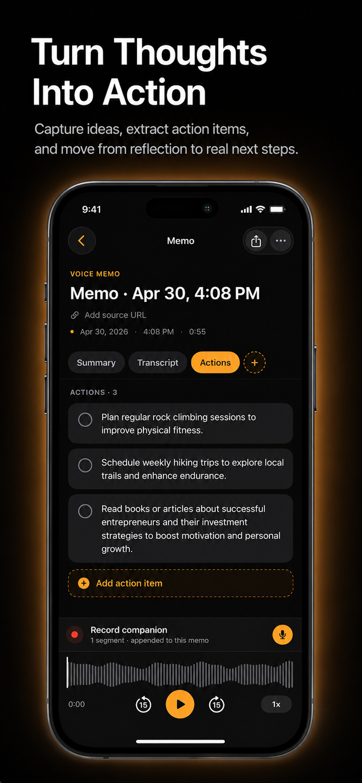 Memio action items section inside a memo.