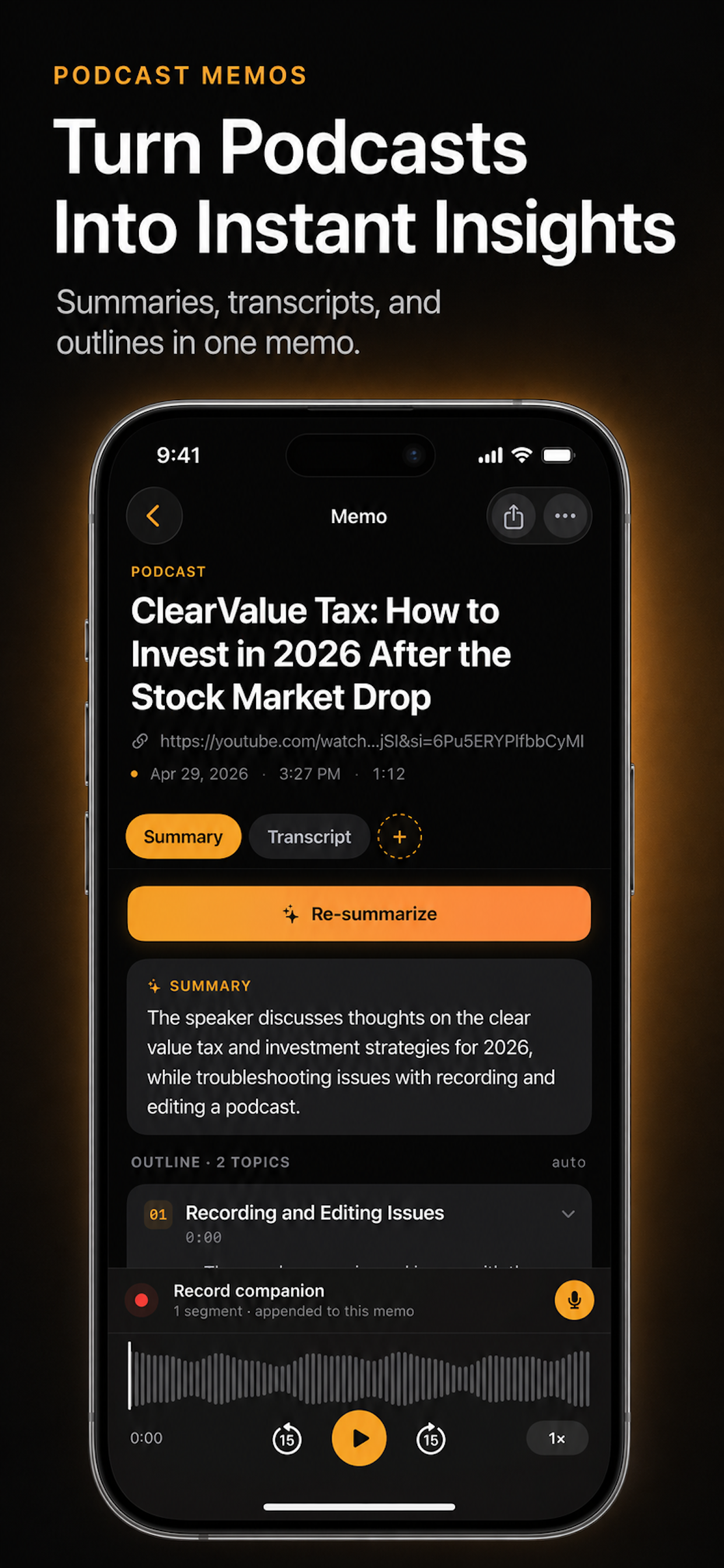 Memio podcast memo with auto-generated summary and outline.