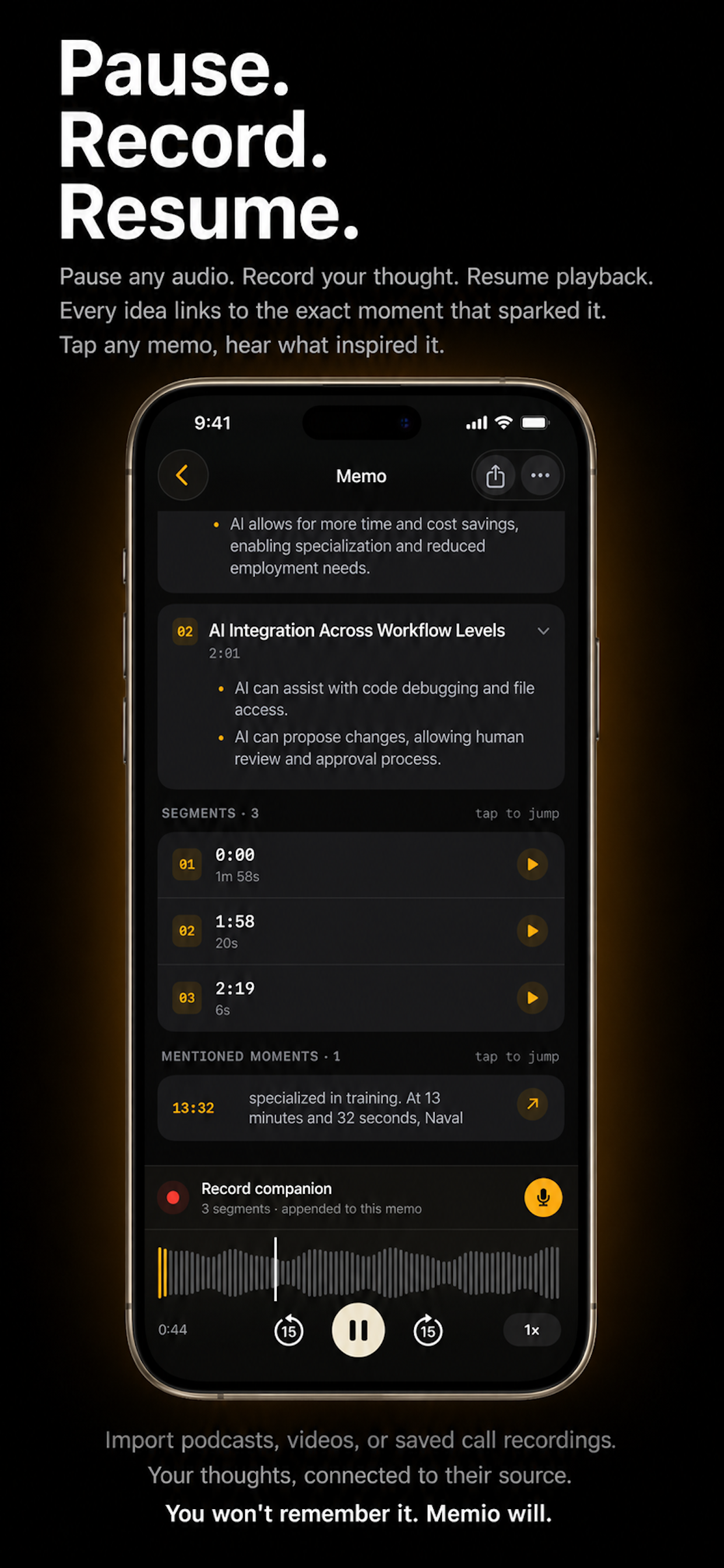 Memio recording UI: amend memo with a new segment while audio plays.
